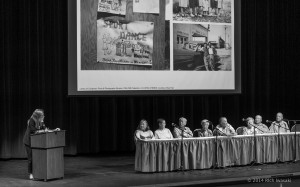 (From left) "Uprooted" Program Director Morgen Young presented a history of the Nyssa farm labor camp onstage with Janet Koda, Patricia Imada, Paul Hirai, Aya Fujii, Henry Mishima, Taka Mizote, Yasu Termura and Tom Fuji. Photo by Rich Iwasaki