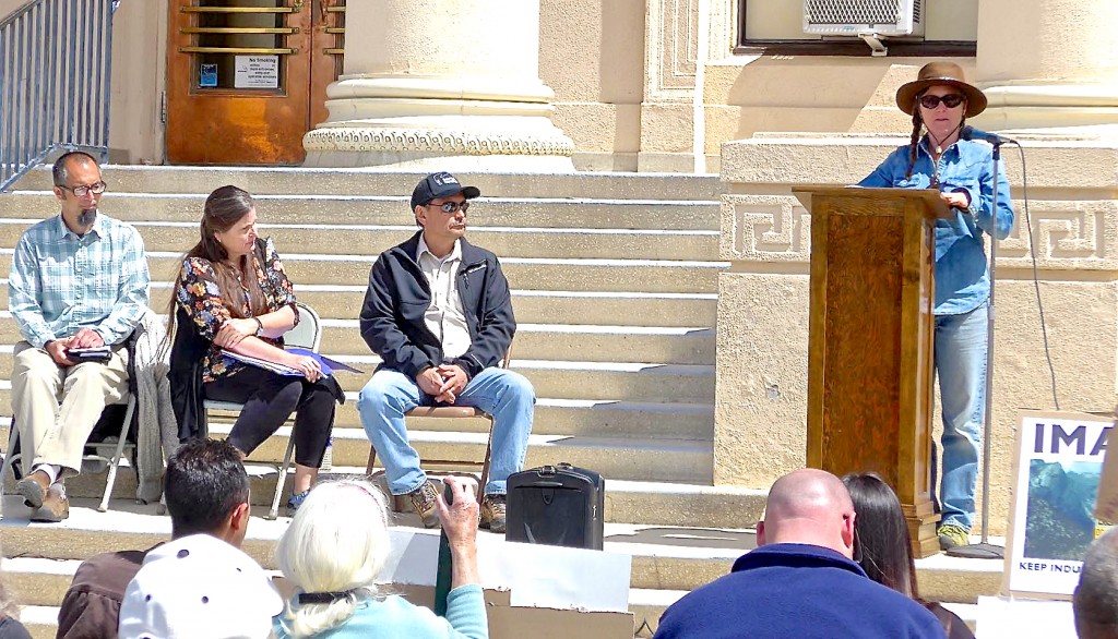 Stakeholders called on the Inyo County Board of Supervisors to protect the Owens Valley from large-scale, industrial renewable energy development. Present at the press conference were (from left) Alan Bacock, Big Pine Paiute Tribe of the Owens Valley; Mary Roper, president of the Owens Valley Committee; Bruce Embrey, co-chair of the Manzanar Committee; and Meredith Hackleman, Los Angeles community/environmental activist. Photo by Judyth Greenburgh