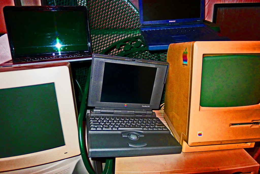 A sampling of Gil Asakawa’s old computers that are in his basement at home. Photo by Gil Asakawa