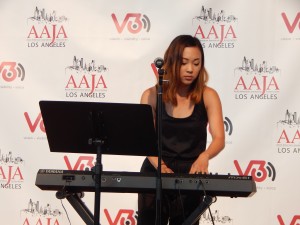 Priscilla Liang (stage name Priska) performs at the V3con opening-night  reception at the Japanese American National Museum.