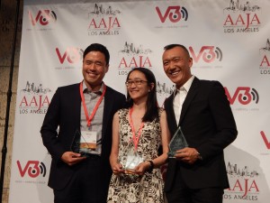 (From left) Randall Park, Dao Nguyen and  Joe Zee accept their awards at the the V3con opening-night reception.