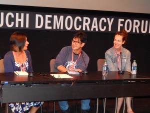 (From left) Tanzila Ahmed, Andrew Ti and Ann  Friedman participate in a podcasting panel at V3con. Photos: Laylita Day