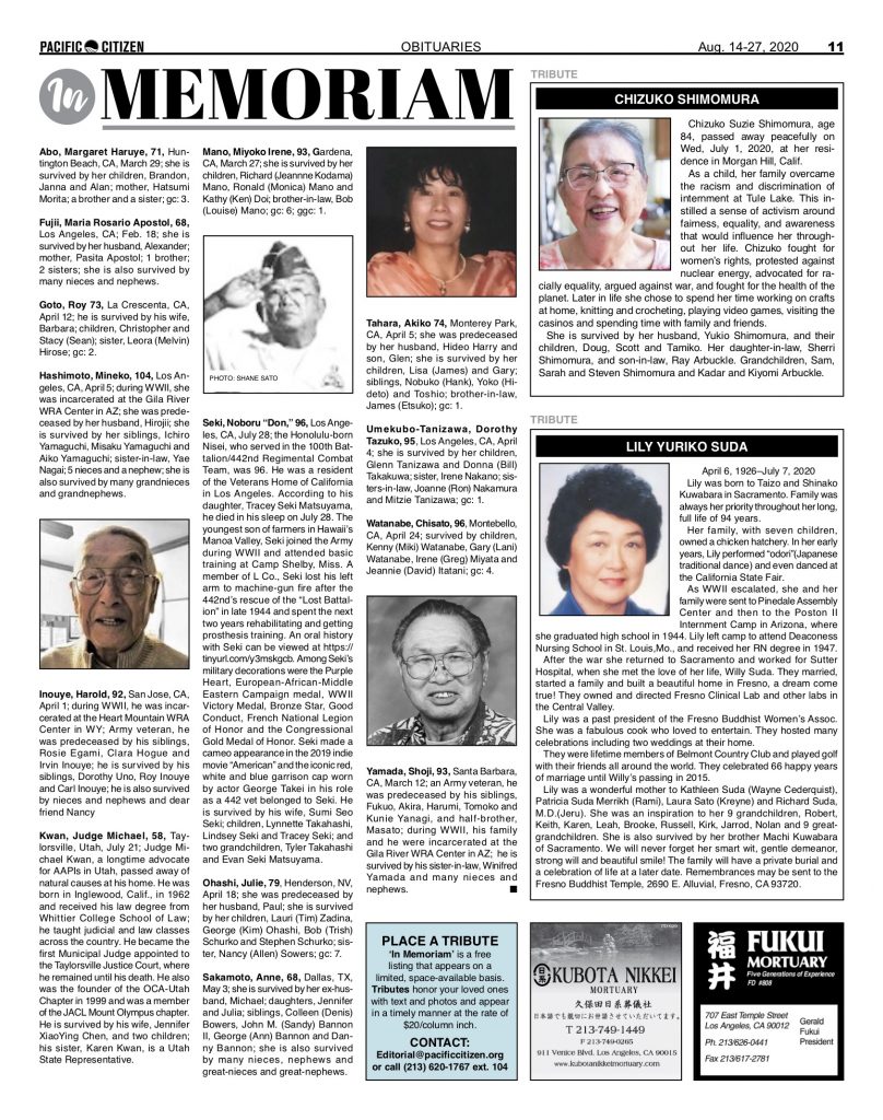 2020 Obituaries Pacific Citizen