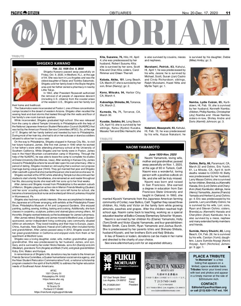 2020 Obituaries Pacific Citizen
